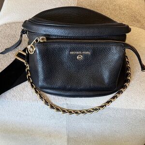 Michael Kors Black Leather Crossbody Sling Pack Bag with Gold Accents